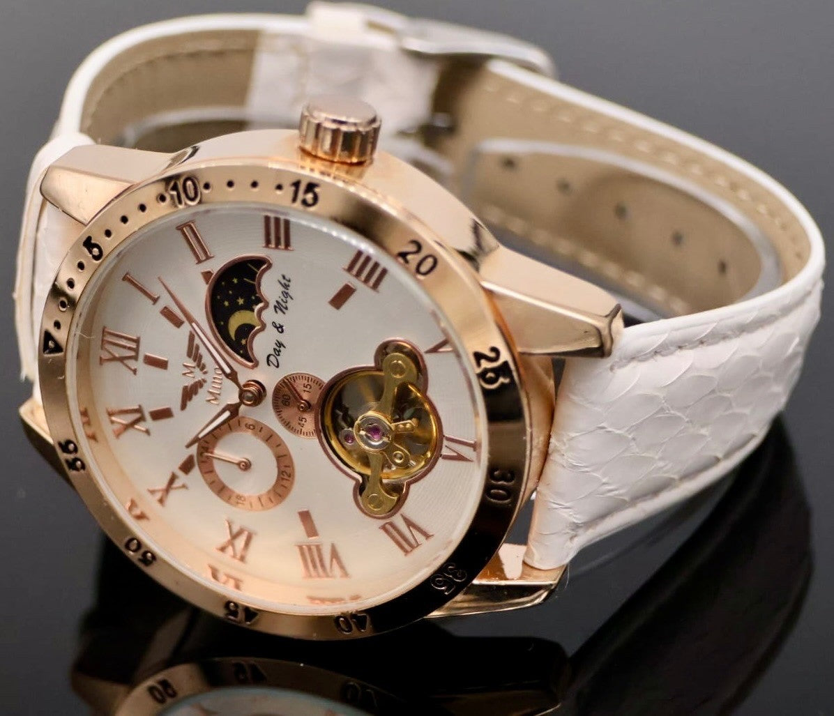 Minoir Automatik Herren Armbanduhr Modern mechanisch mit Glasboden Weiß Rosé0