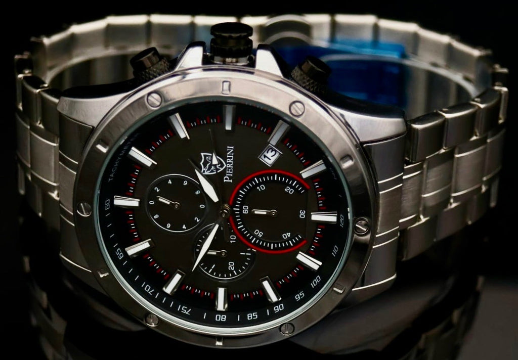 Pierrini Herren Armband Uhr Chronograph Stoppuhr Datum Schwarz Silber Farben **1