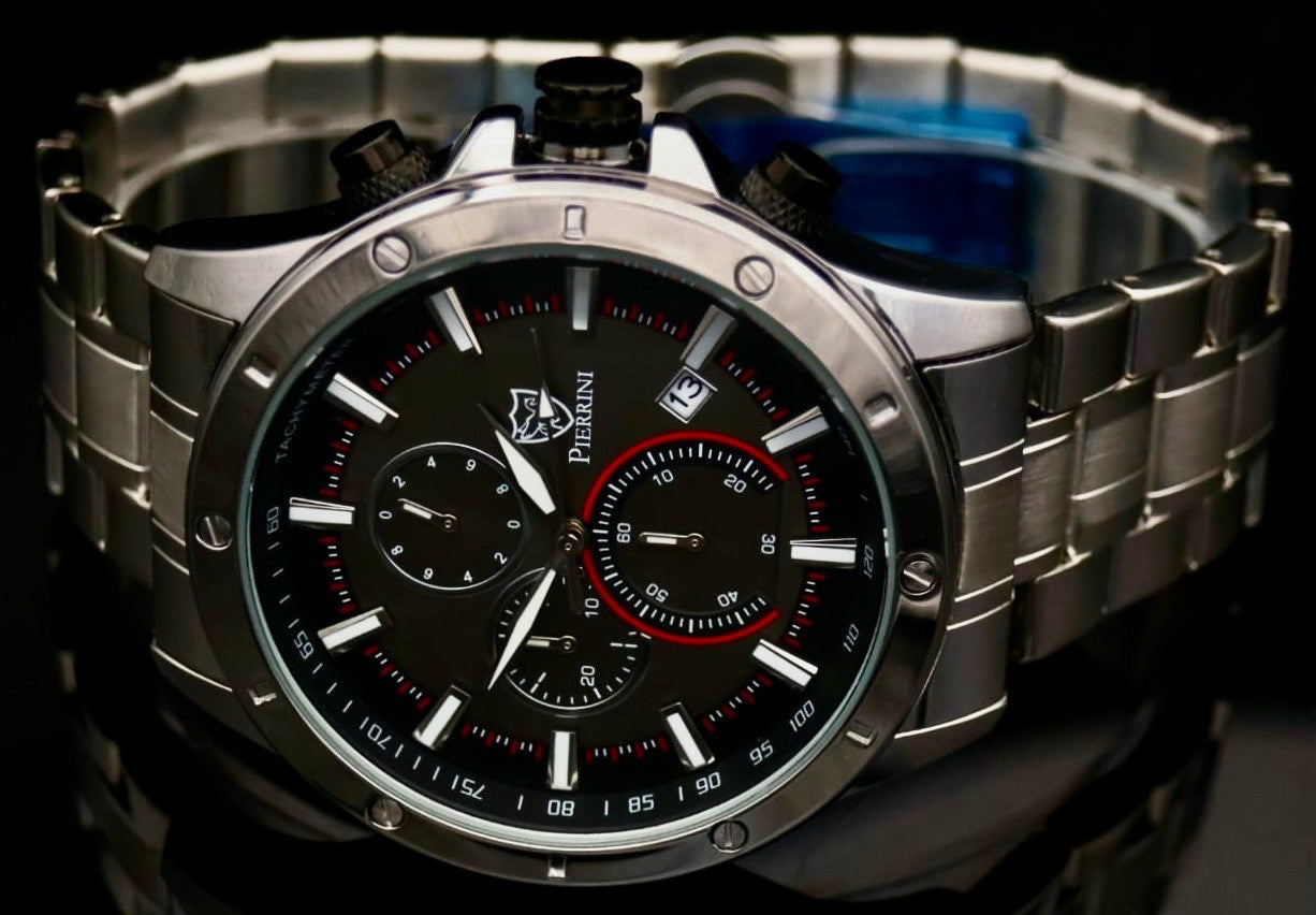 Pierrini Herren Armband Uhr Chronograph Stoppuhr Datum Schwarz Silber Farben **1
