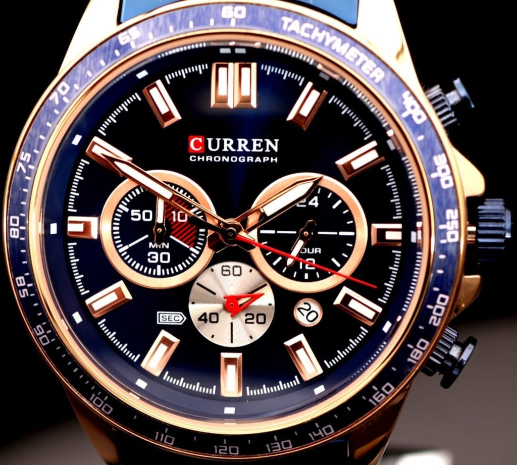 Edle Herren Männer Armband Uhr Chronograph Stoppuhr Datum NEU Rosé Blau Farben 12