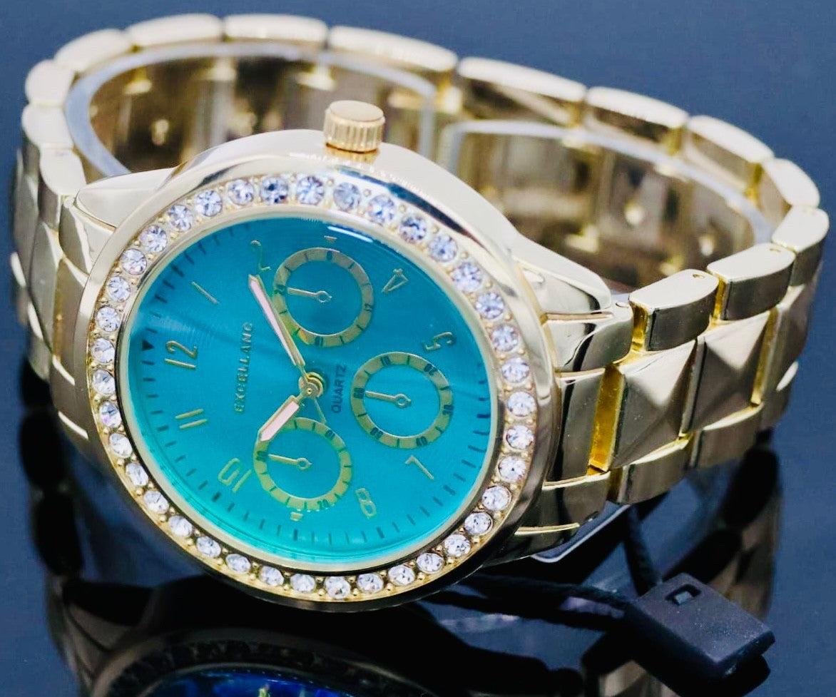 Excellanc  Damen  Armband Uhr Blau Türkis Gold Farben Damenuhr Strass Chronolook1