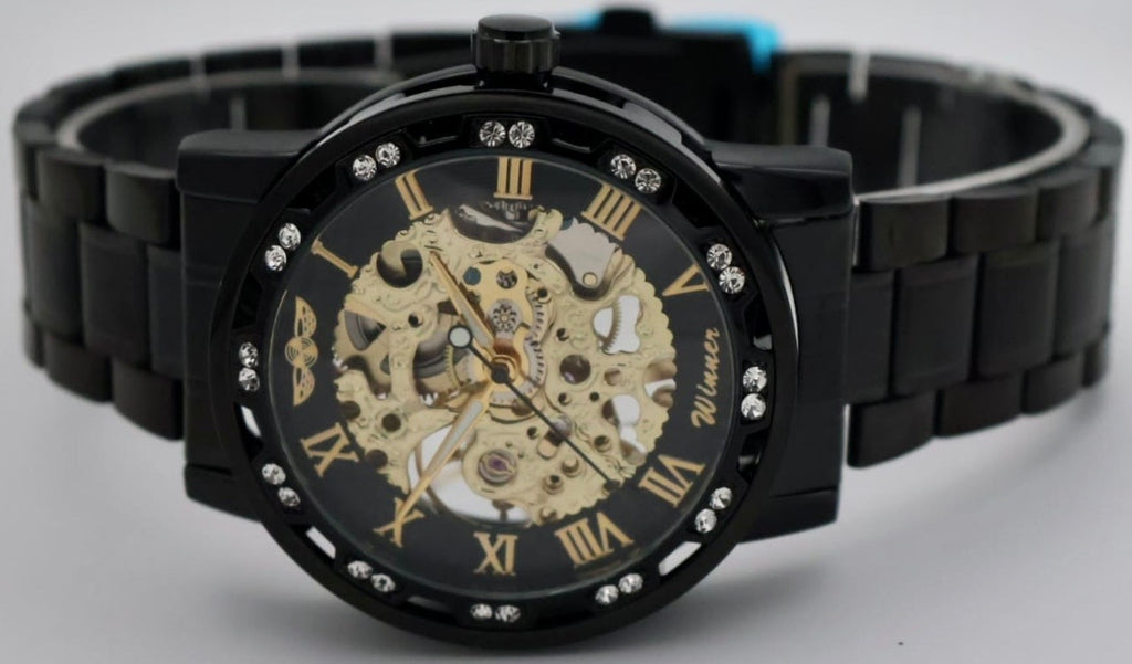 Winner Herren Uhr Mechanisch Handaufzug Skelettuhr Schwarz Keramik Look 40mm1