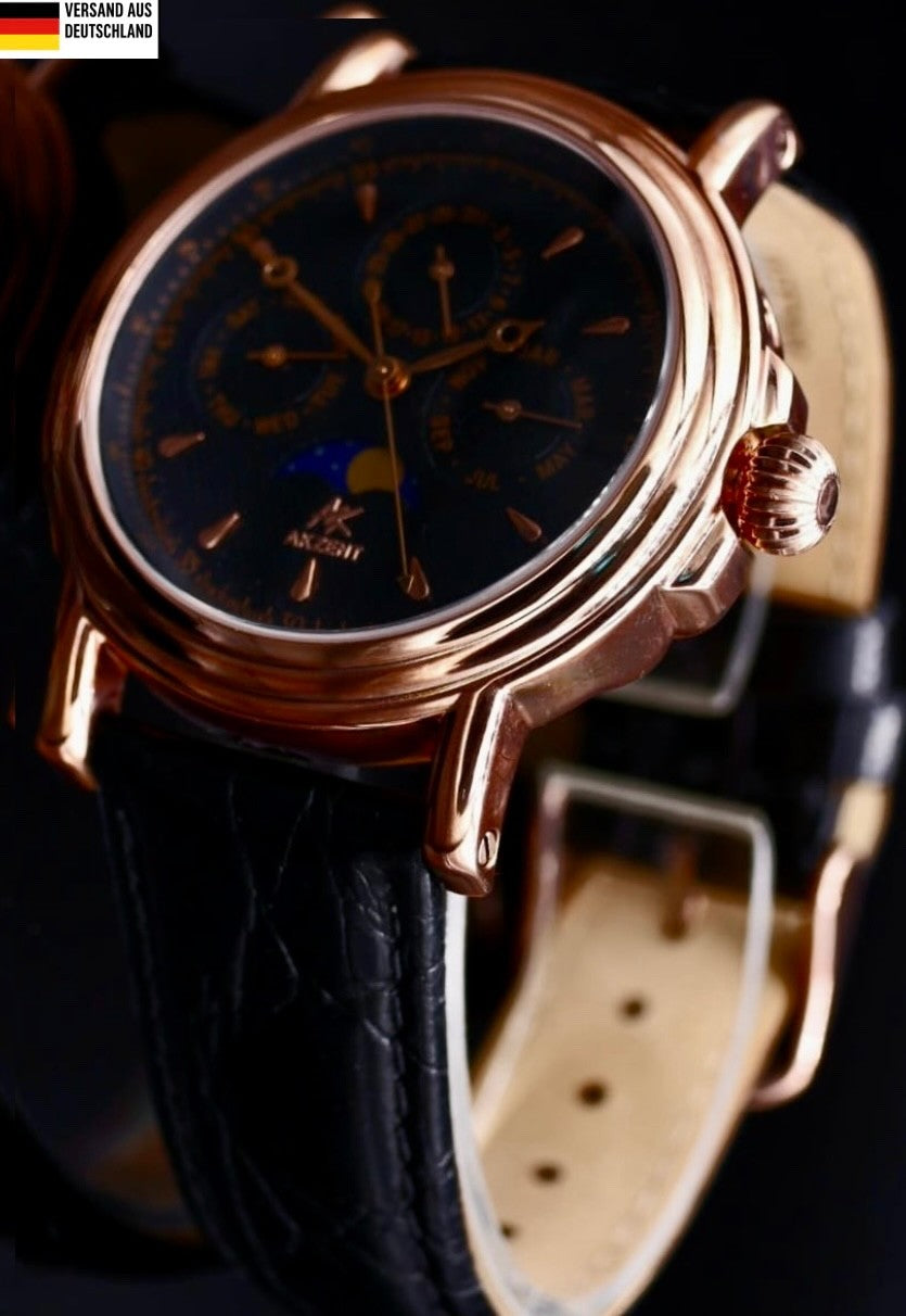 Edle Akzent  Herren Männer Armband Uhr Mondphase Datum Schwarz Roségold Farben0