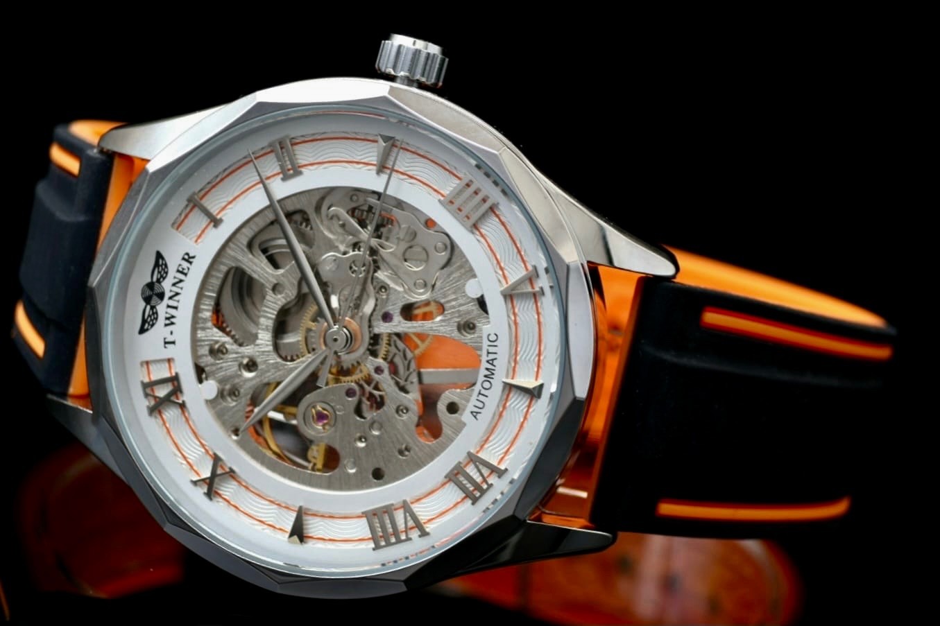T-WINNER Herren Automatikuhr Silber Orange Skelett Uhr Silikon Sport Design Neu1