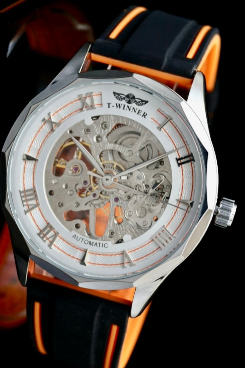T-WINNER Herren Automatikuhr Silber Orange Skelett Uhr Silikon Sport Design Neu2