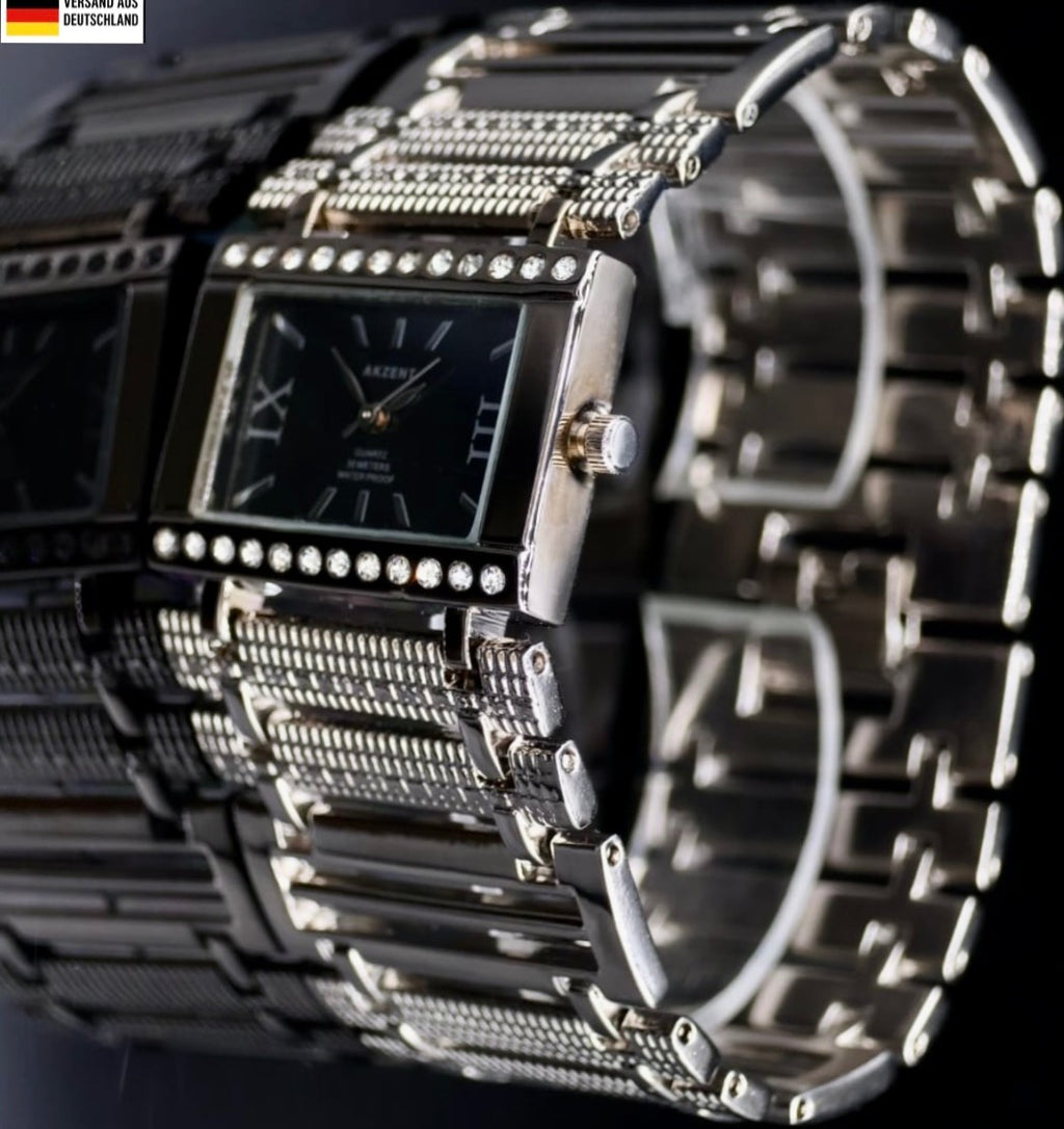 Akzent Damen Frauen Armband Uhr Schwarz Silber Farben Elegante Damenuhr Strass0