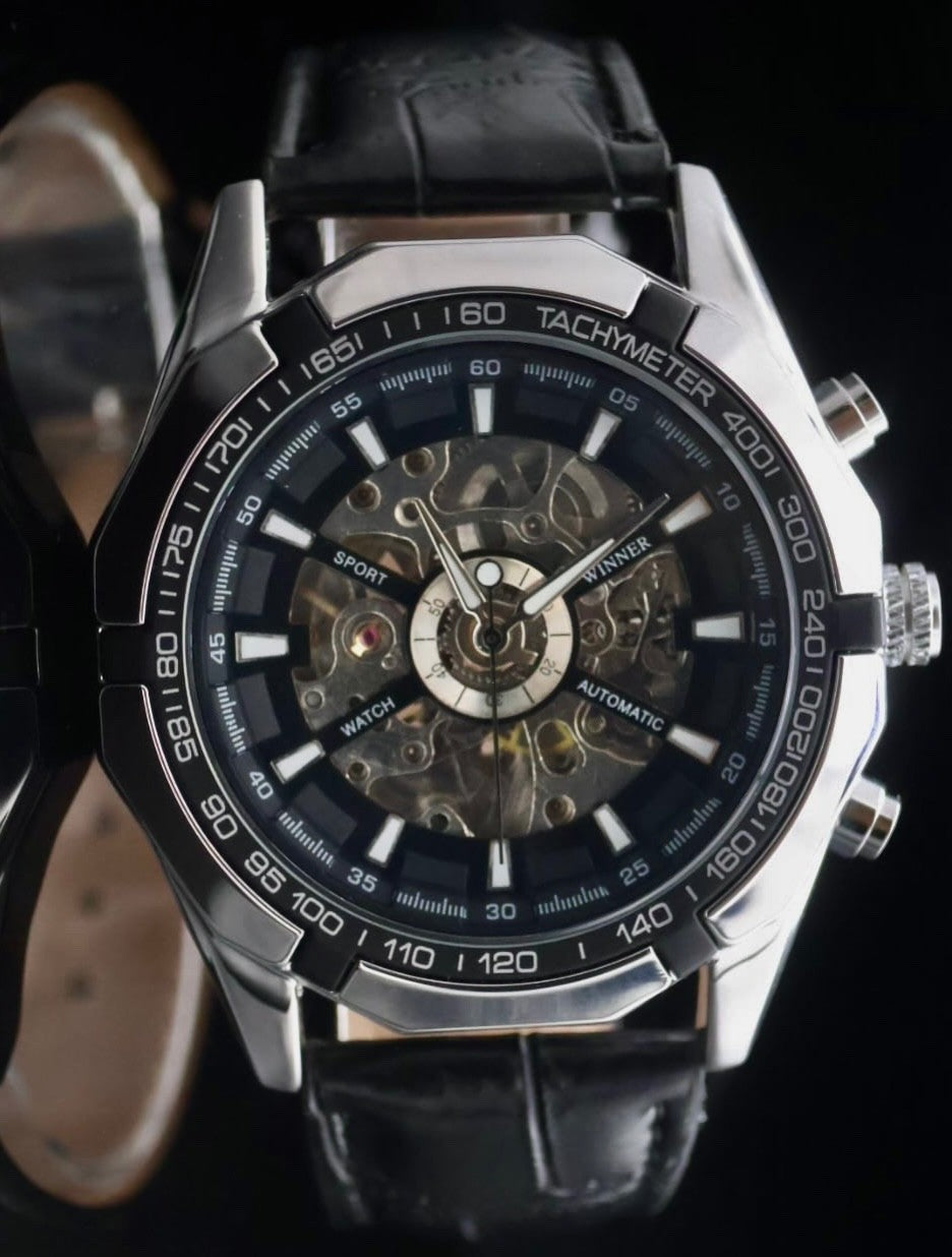 Winner Herren Uhr Automatik Armbanduhr Schwarz Farben Leder Datum 48mm Neu0