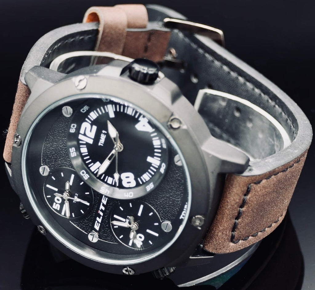 Elite XXL Herren Armband Uhr Schwarz Braun Farben Triple Timer XXL NEU1