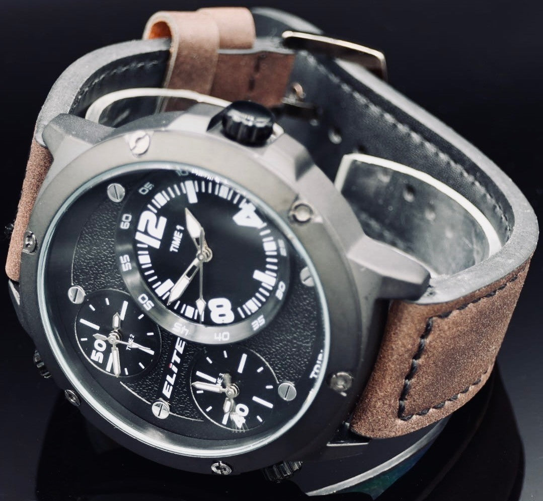 Elite XXL Herren Armband Uhr Schwarz Braun Farben Triple Timer XXL NEU1