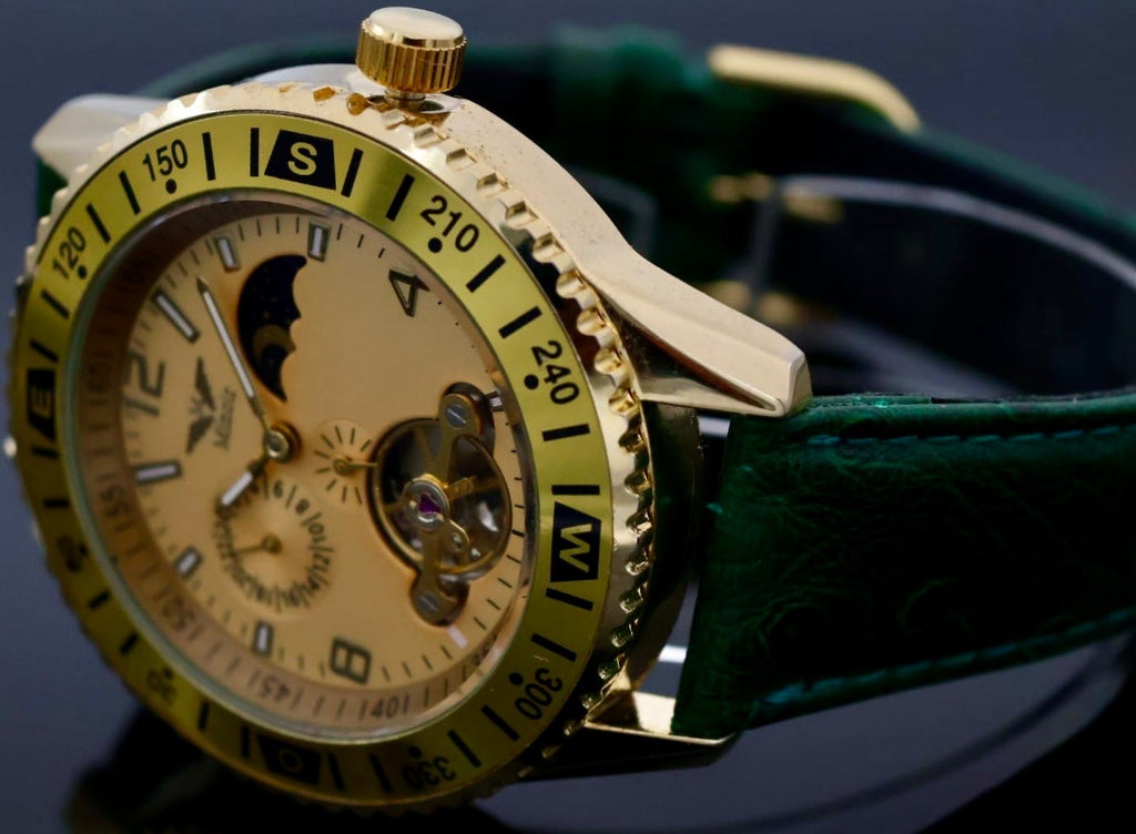 Mega Edle Herren Uhr Automatik Armbanduhr Minoir Herrenuhr mit grünem Lederband1