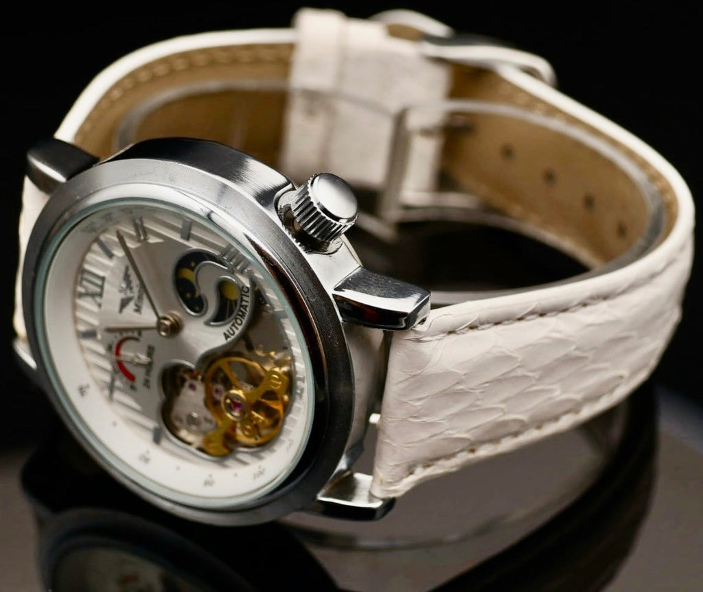 Mega Edle Minoir Automatikuhr Armbanduhr Herrenuhr offene Unruh + Glasboden Weiß1