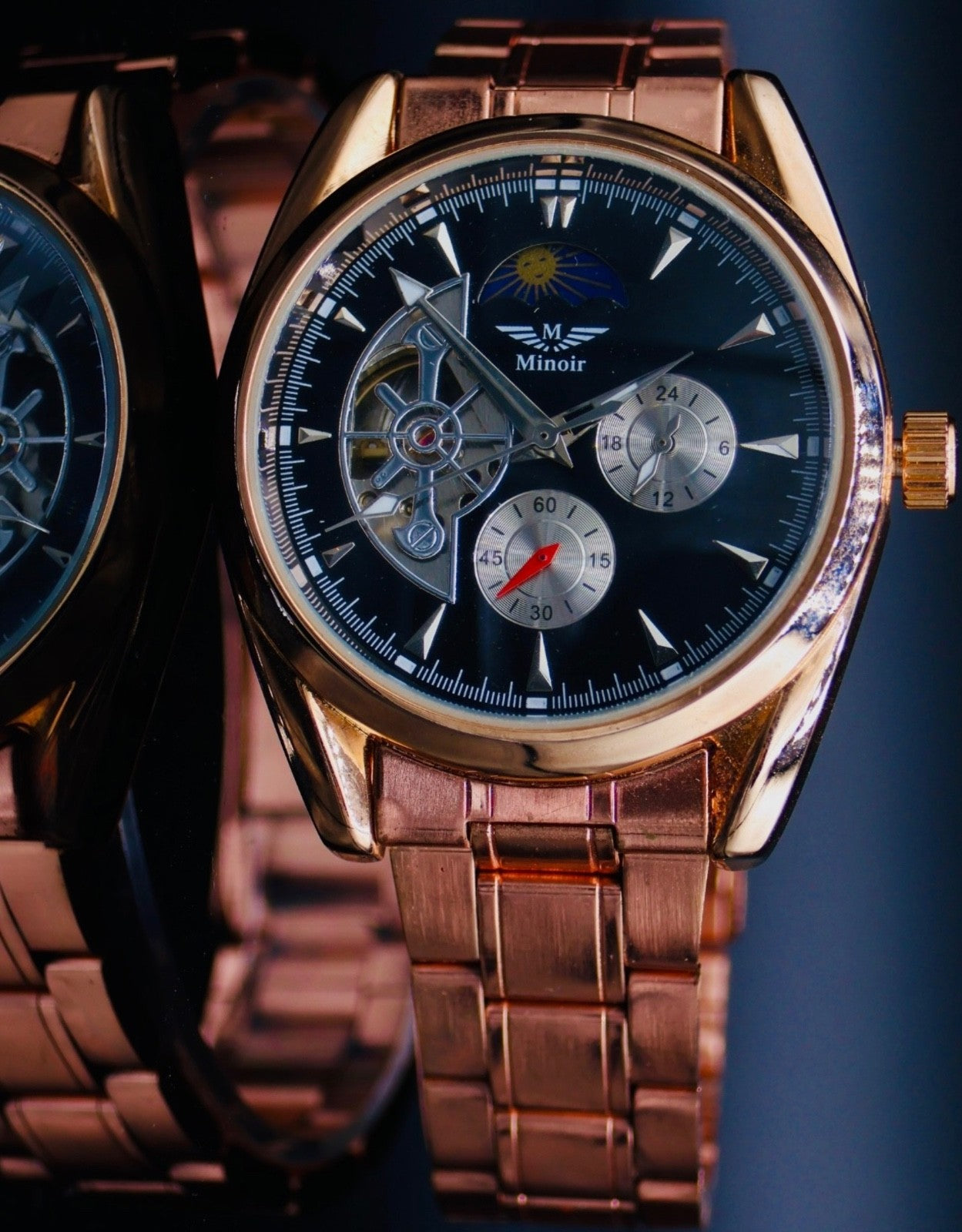 Mega Edle Minoir Automatikuhr Armbanduhr Herrenuhr Rosé offene Unruh + Glasboden0