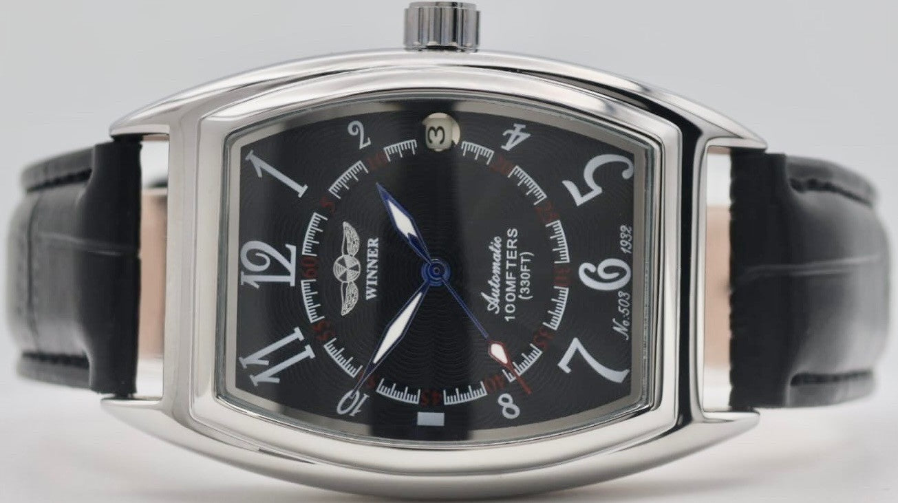 Winner Herren Uhr Automatik Armbanduhr Schwarz Farben Leder Datum 42x34mm Neu1