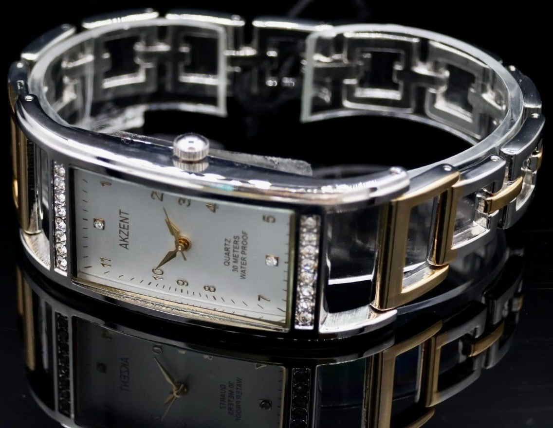 Elegante Akzent Damen Frauen Armband Uhr Gold Silber Bicolor Farben Damenuhr NEU1