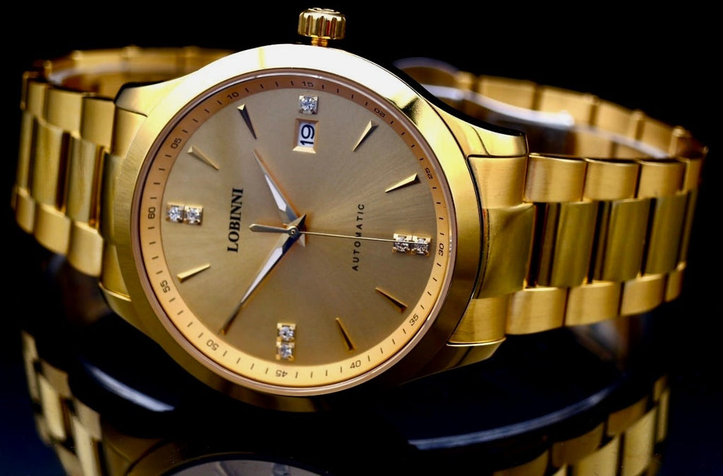 Lobinni Herren Männer Automatik Uhr Gold Farben Datum Glasboden NEU1