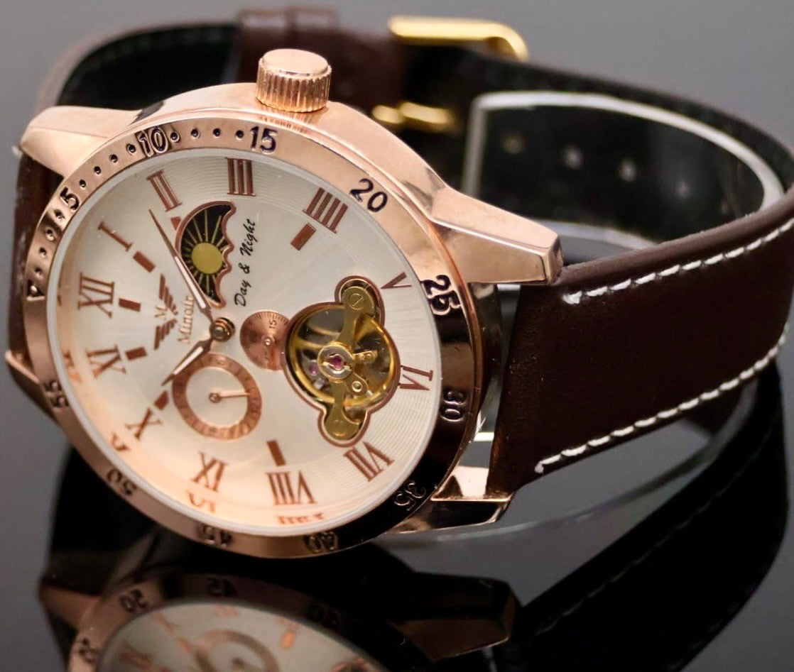 Minoir Automatik Herren Armbanduhr Modern mechanisch mit Glasboden Braun Rosé0