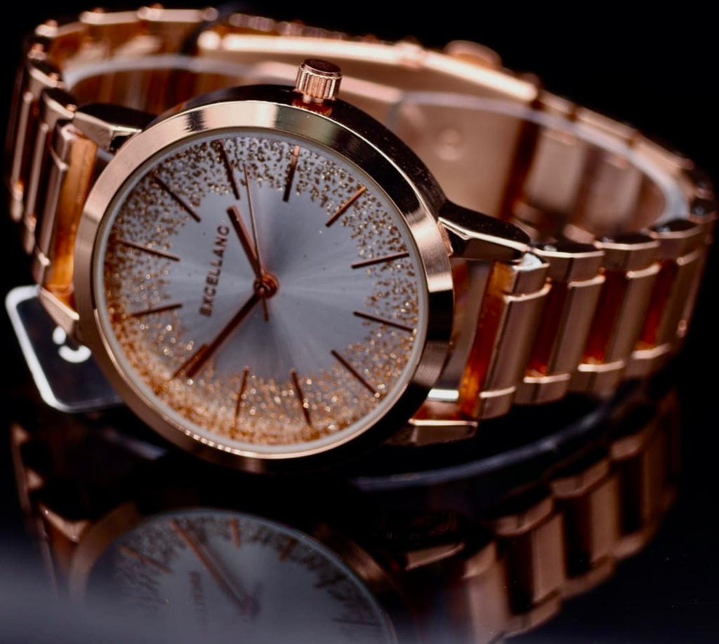 Edle Excellanc Damen Frauen Glitzer Armband Uhr Roségold Silber Farben Damenuhr1