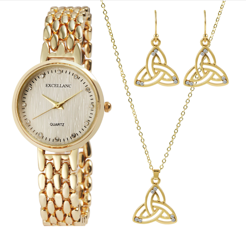 Edle Excellanc Damen Geschenkset Armbanduhr Halskette und Ohrringe Gold Farben2