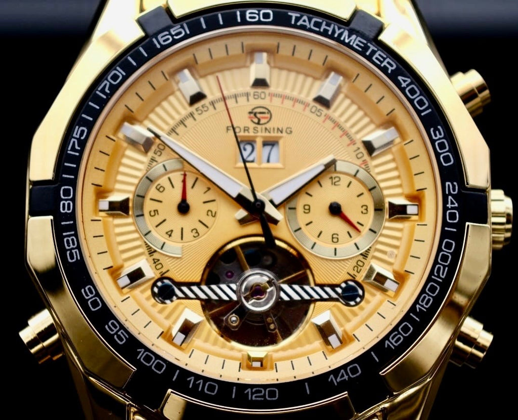 Sportliche Herren Männer Automatik Uhr Gold Farben Kalender & Offene Unruh NEU2