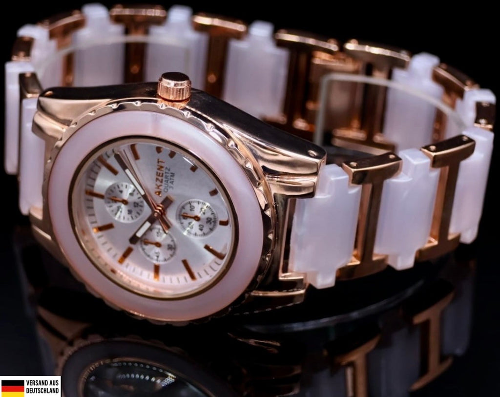 Akzent Damen Frauen Armband Uhr Rosé Weiß Farben Elegante Damenuhr Chrono-Look0