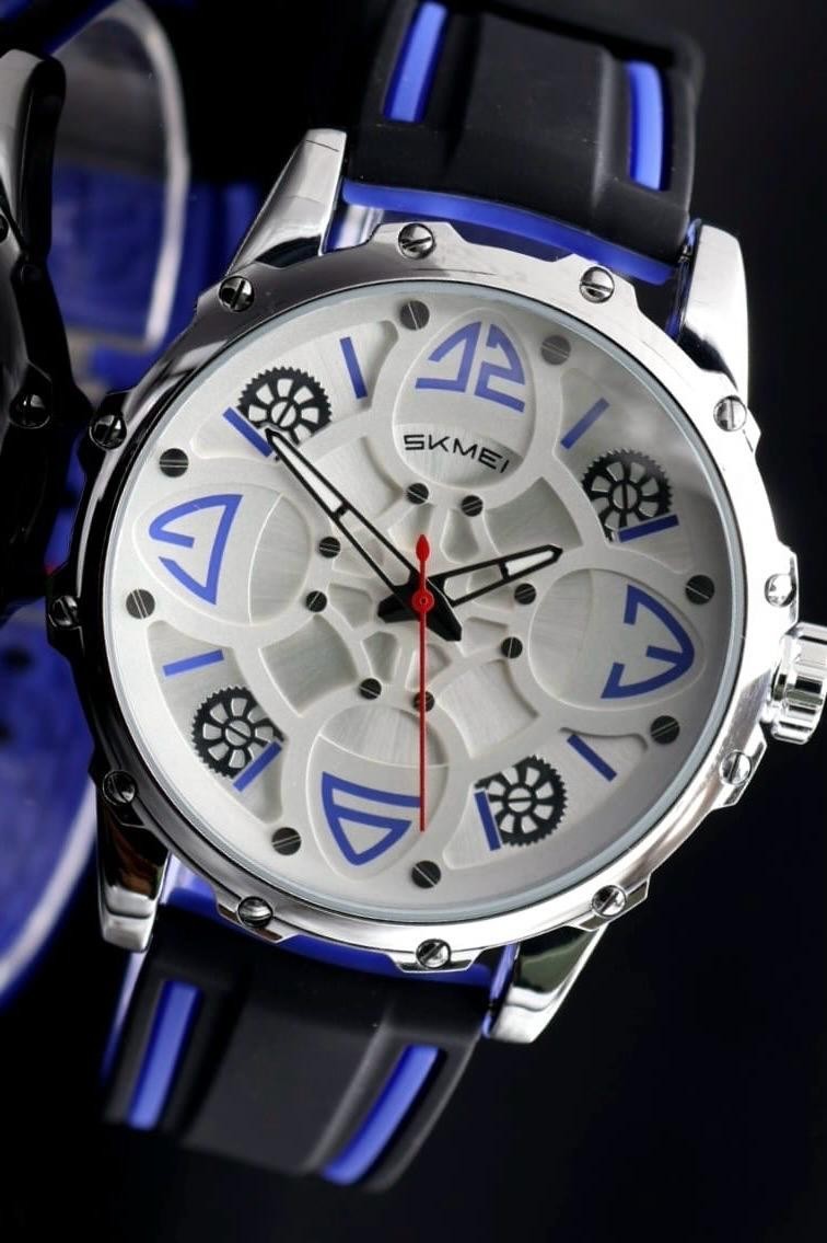 SKM - HERREN - UHR - SILIKONBAND - SCHWARZ - BLAU - LEUCHTZEIGER - 45MM - NEU2