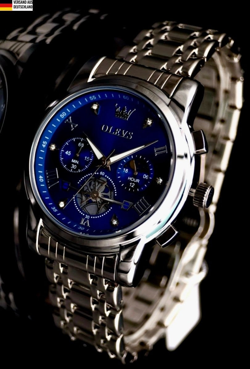 Herren Männer Armband Uhr Chronograph Stoppuhr Datum Silber Blau Farben * 430