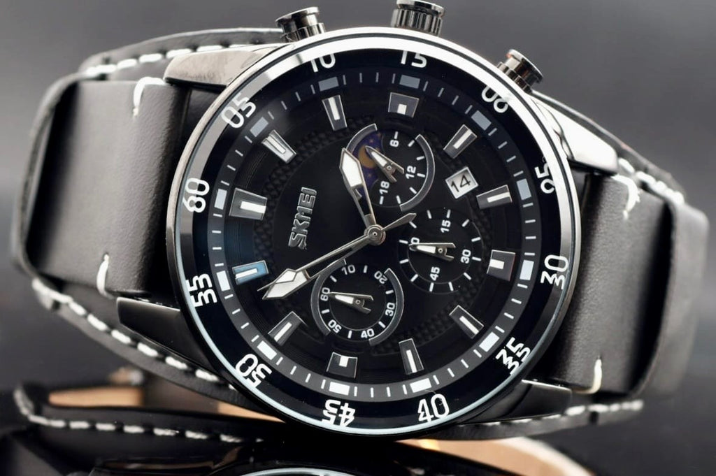 SKM - HERRENUHR - CHRONOGRAPH - DATUM - TAG & NACHT ANZEIGE - LEDER - 46MM - NEU0