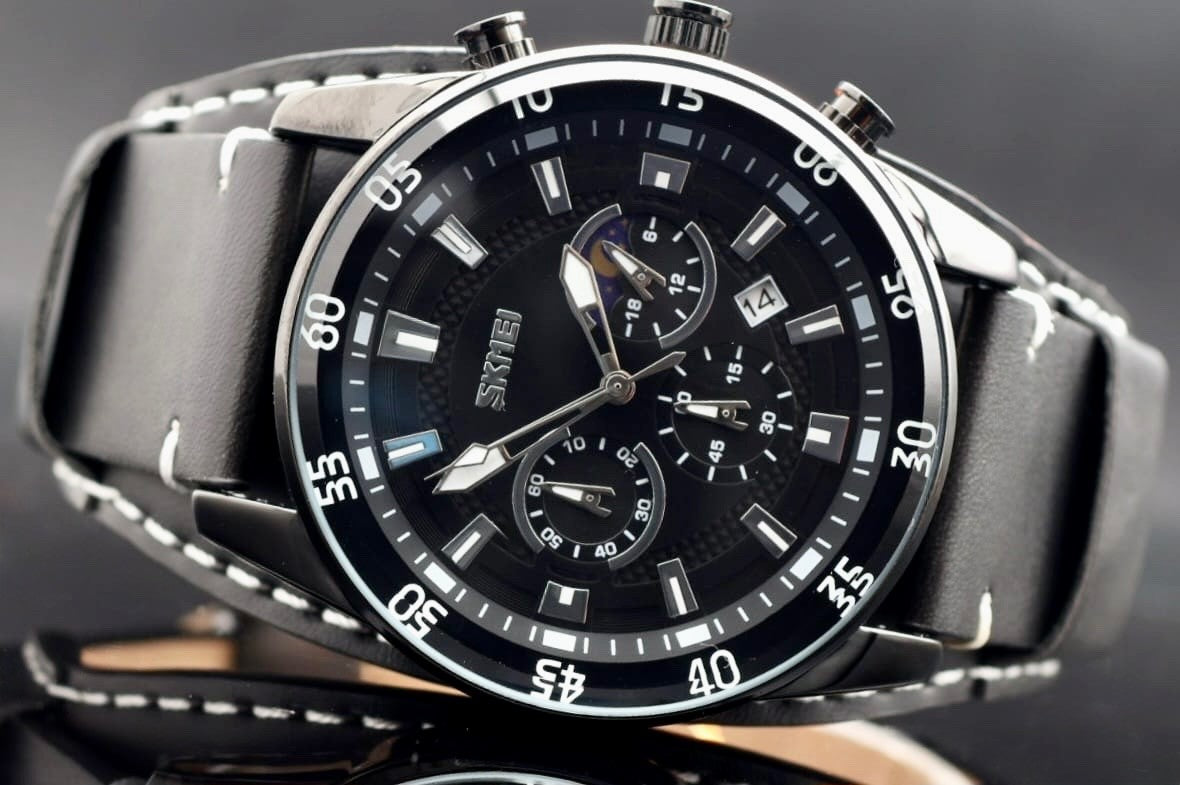 SKM - HERRENUHR - CHRONOGRAPH - DATUM - TAG & NACHT ANZEIGE - LEDER - 46MM - NEU0