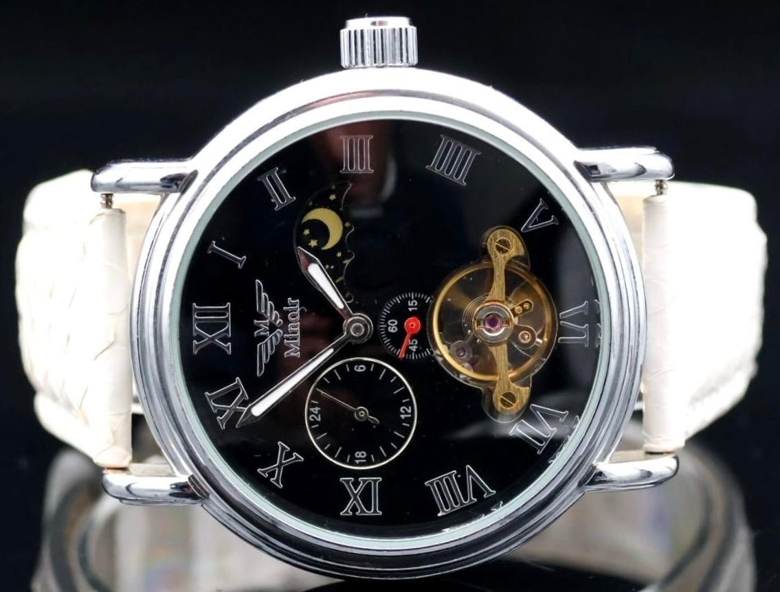 Mega Edle Herren Uhr Automatikuhr Schwarz Armbanduhr Minoir LUXUS offene Unruh1