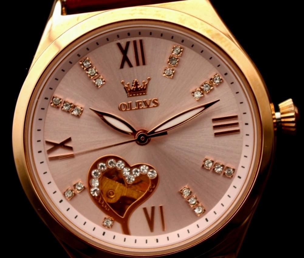 OLEVS Damen Frauen Automatik Uhr Automatikuhr Rosa Rot Farben mit Lederband Neu1