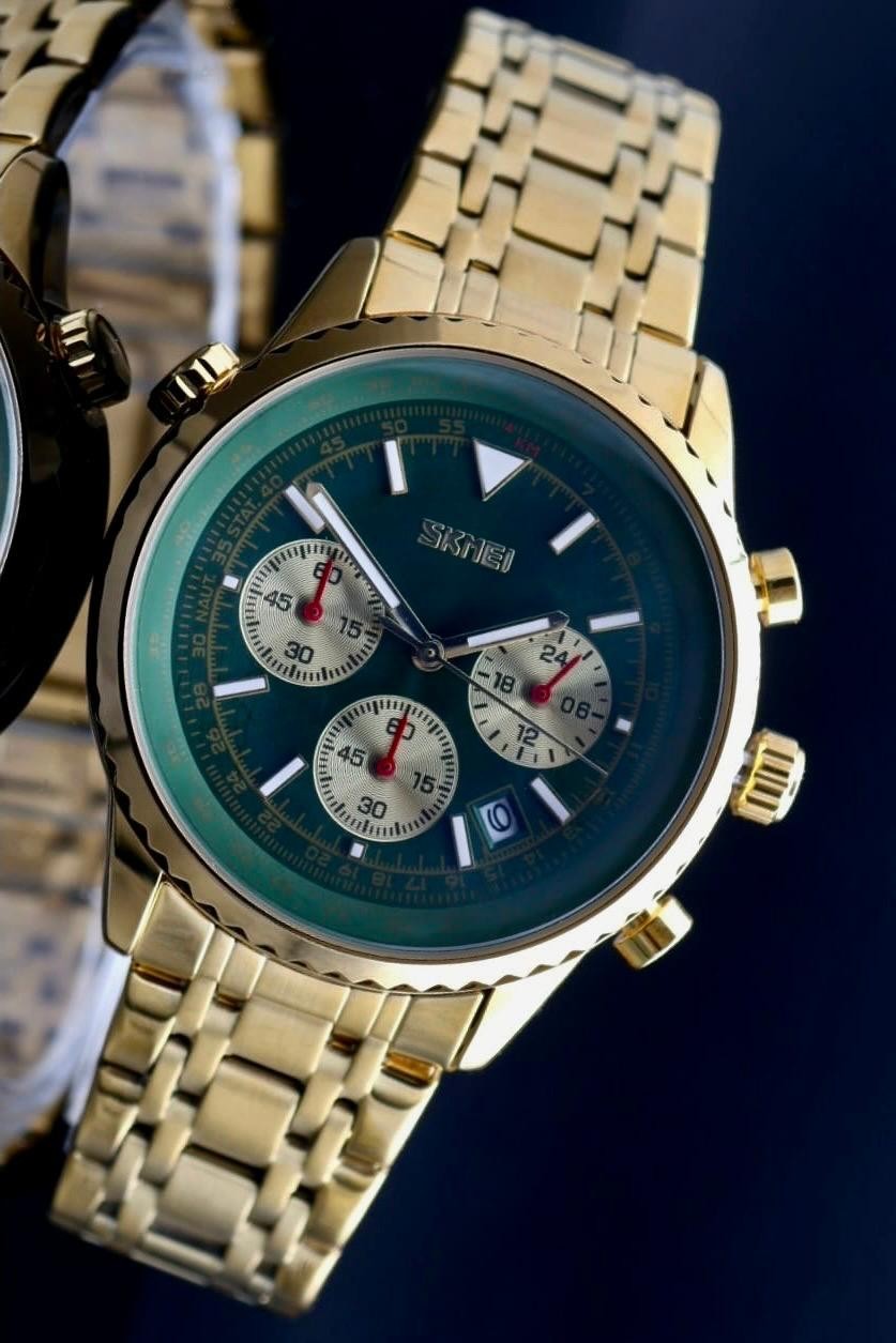 HERRENUHR - SKM - CHRONOGRAPH - STOPPUHR - DATUM - EDELSTAHL - GRÜN - 44MM- NEU1