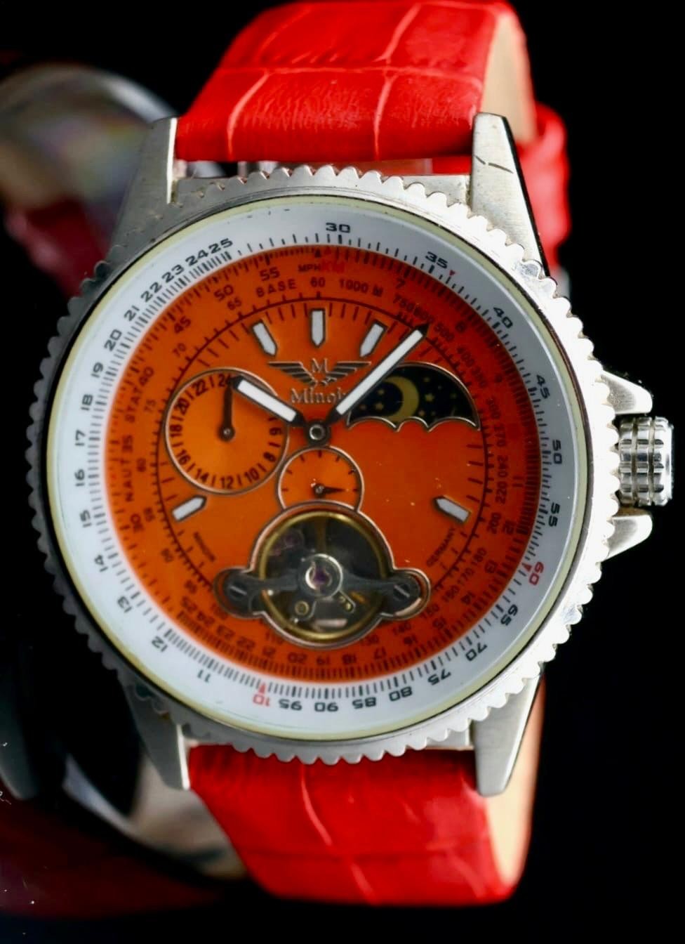 Minoir Herren Uhr Automatikuhr Orange Rot Armbanduhr LUXUS offene Unruh1
