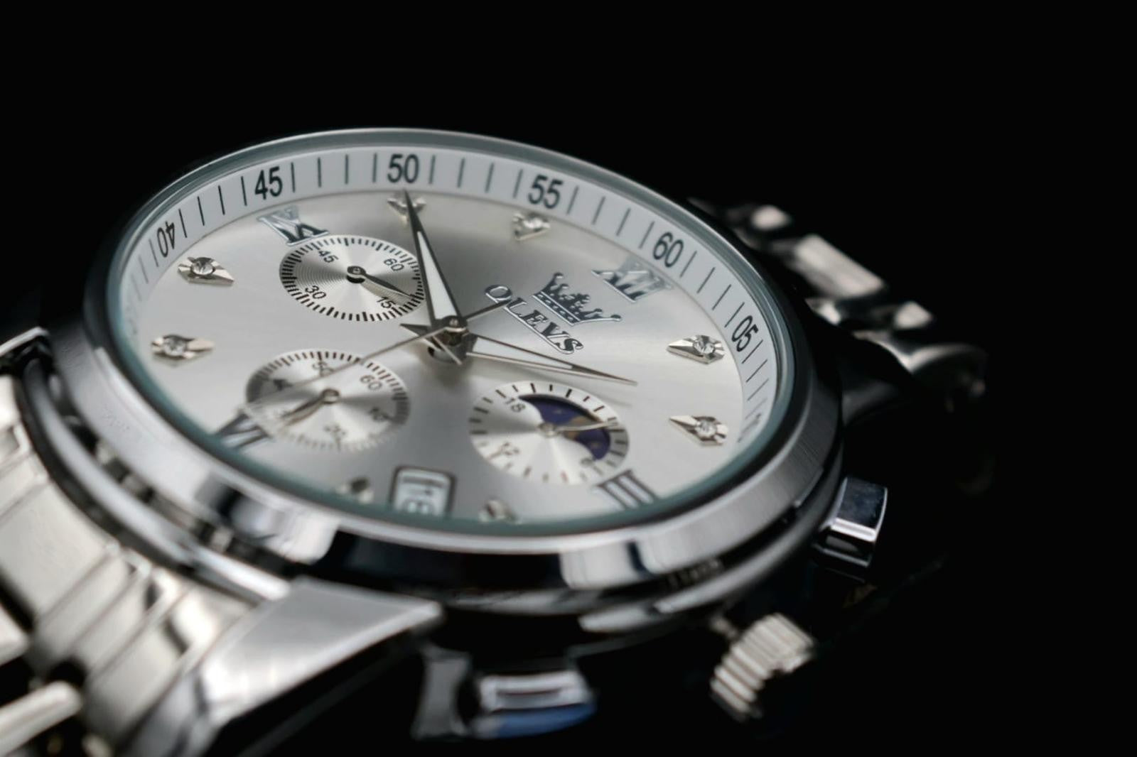 OLEVS Herren Armband Uhr Herrenuhr Chronograph Silber Edelstahl Mondphase Datum3