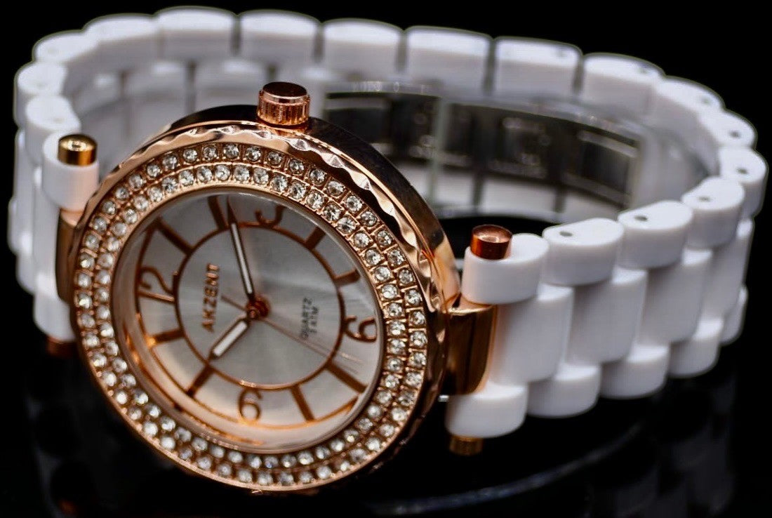 - Akzent Damen Frauen Armband Uhr Rosé Weiß Farben Damenuhr Mineralglas Strass -1
