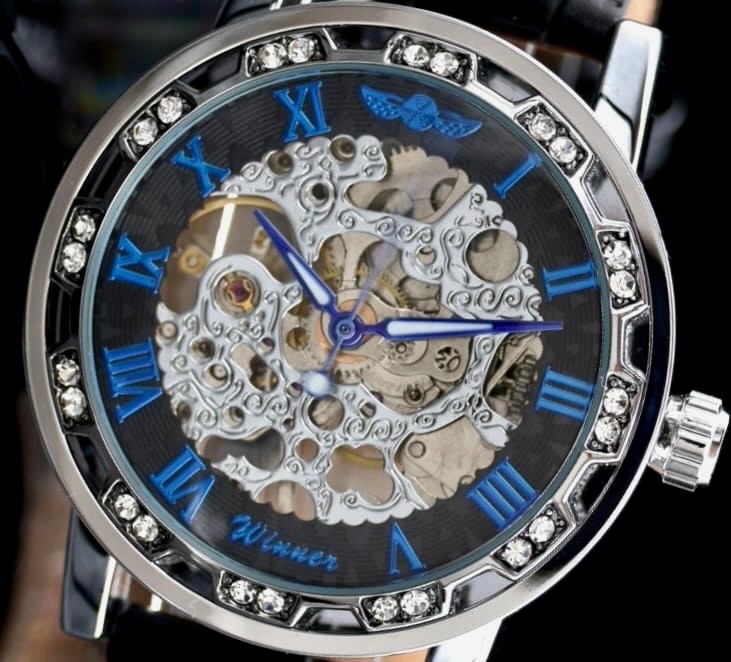 Winner Herren Automatikuhr Mechanisch Skelett Uhr Blau Silber mit Lederarmband2