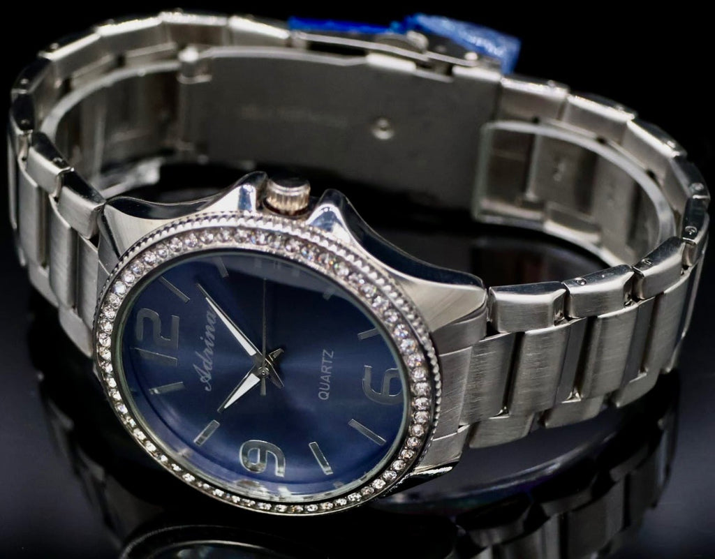 Adrina Damen Frauen Armband Uhr Silber Blau Farben Damenuhr Mineralglas Strass1