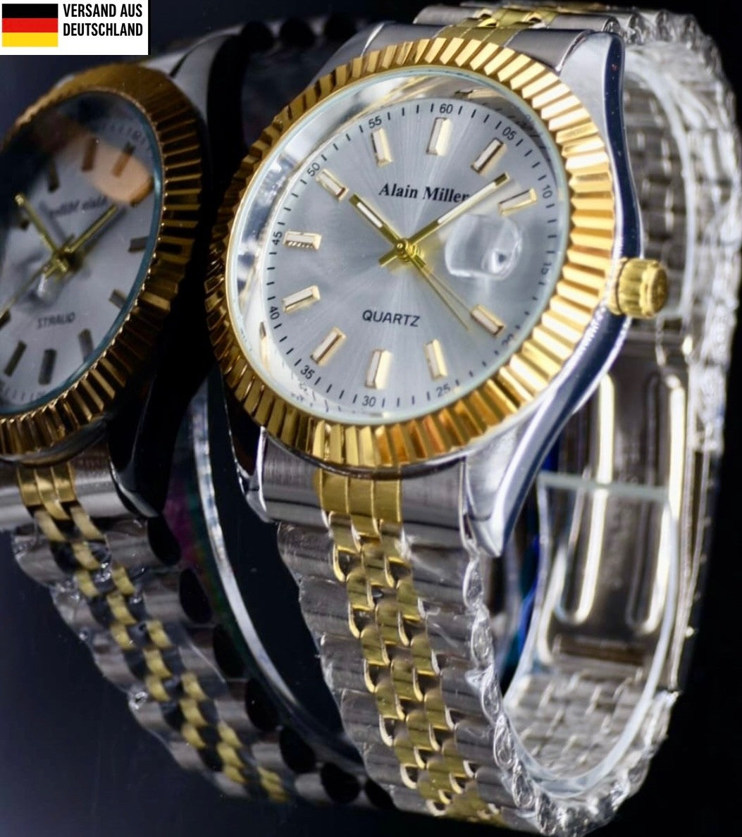 Alain Miller Herren Armband Männer Uhr Datum Gold Silber Farben Elegant NEU0