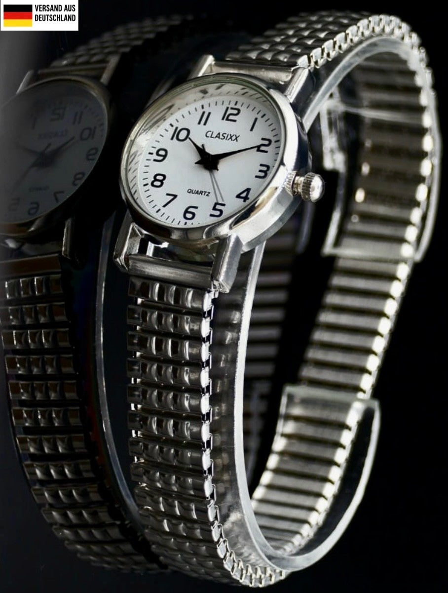 Classix Damen Frauen Armband Uhr Weiß Silber Farben Edelstahl Zugarmband Slim0