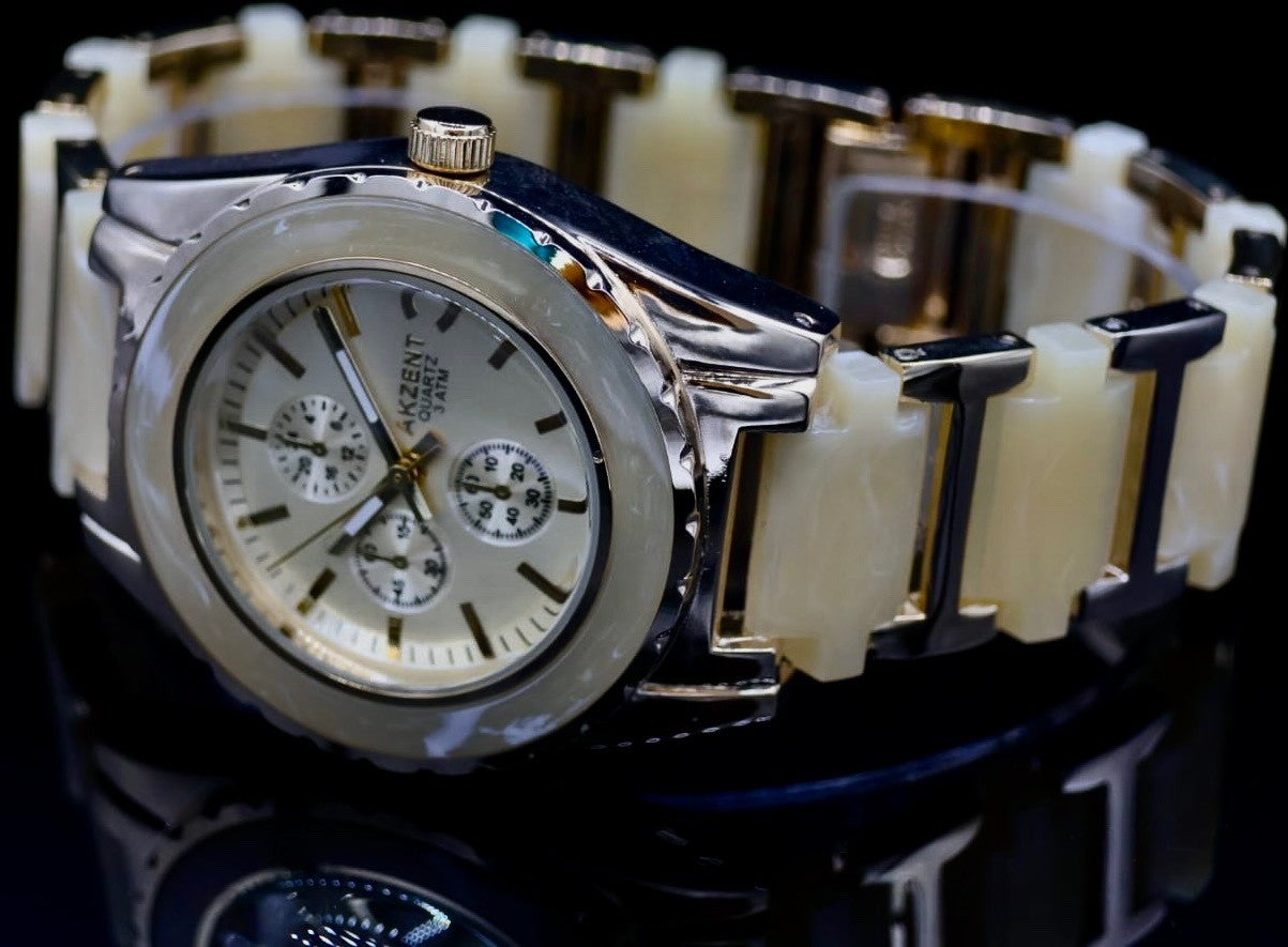 Mega Akzent Damen Frauen Armband Uhr Weiß Silber Farben Damenuhr Chrono-Look1