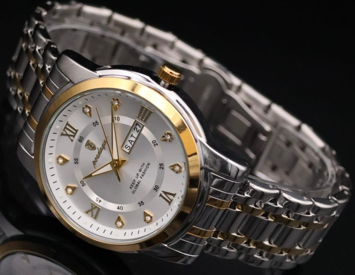 Herren Edelstahl Armband Uhr Herrenuhr Weiß Bicolor Farben mit Tag/Datumsanzeige1