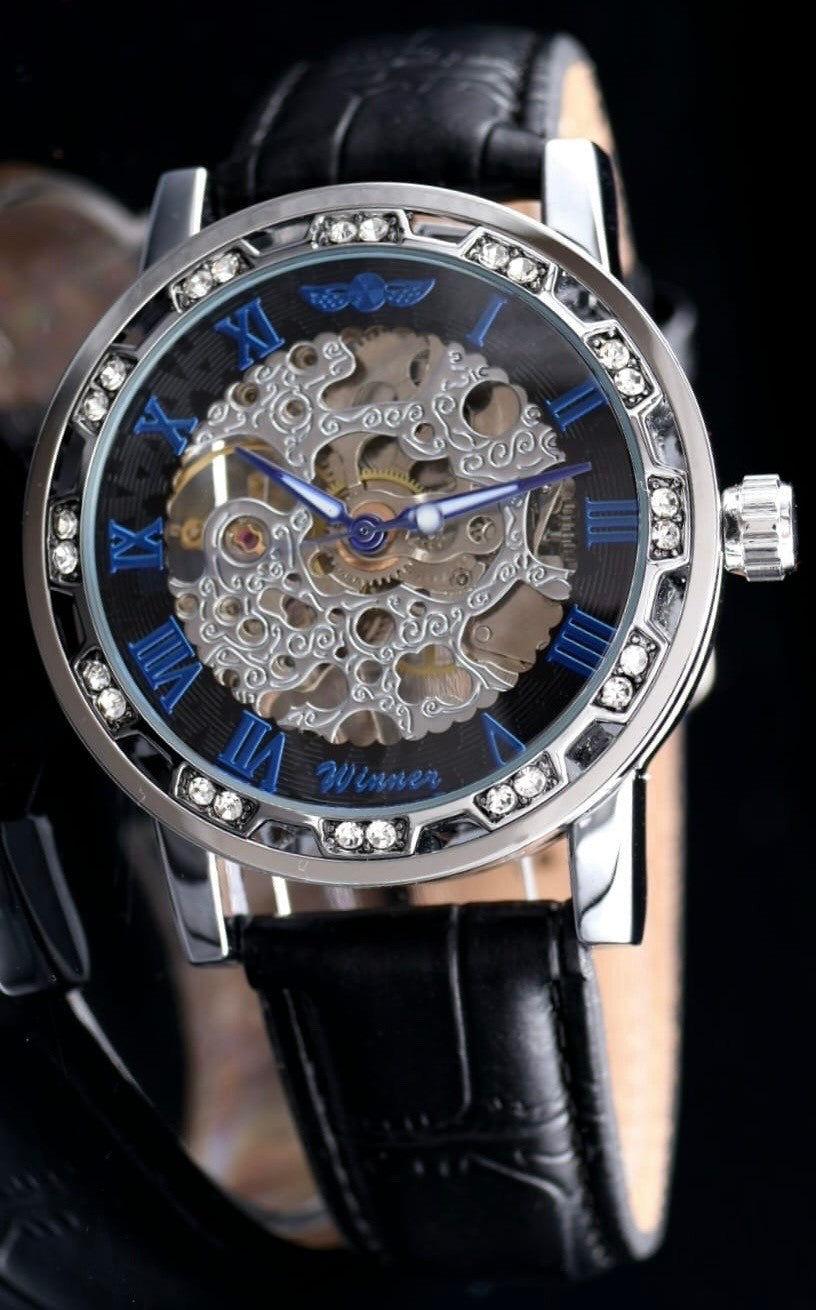 Winner Herren Automatikuhr Mechanisch Skelett Uhr Blau Silber mit Lederarmband0