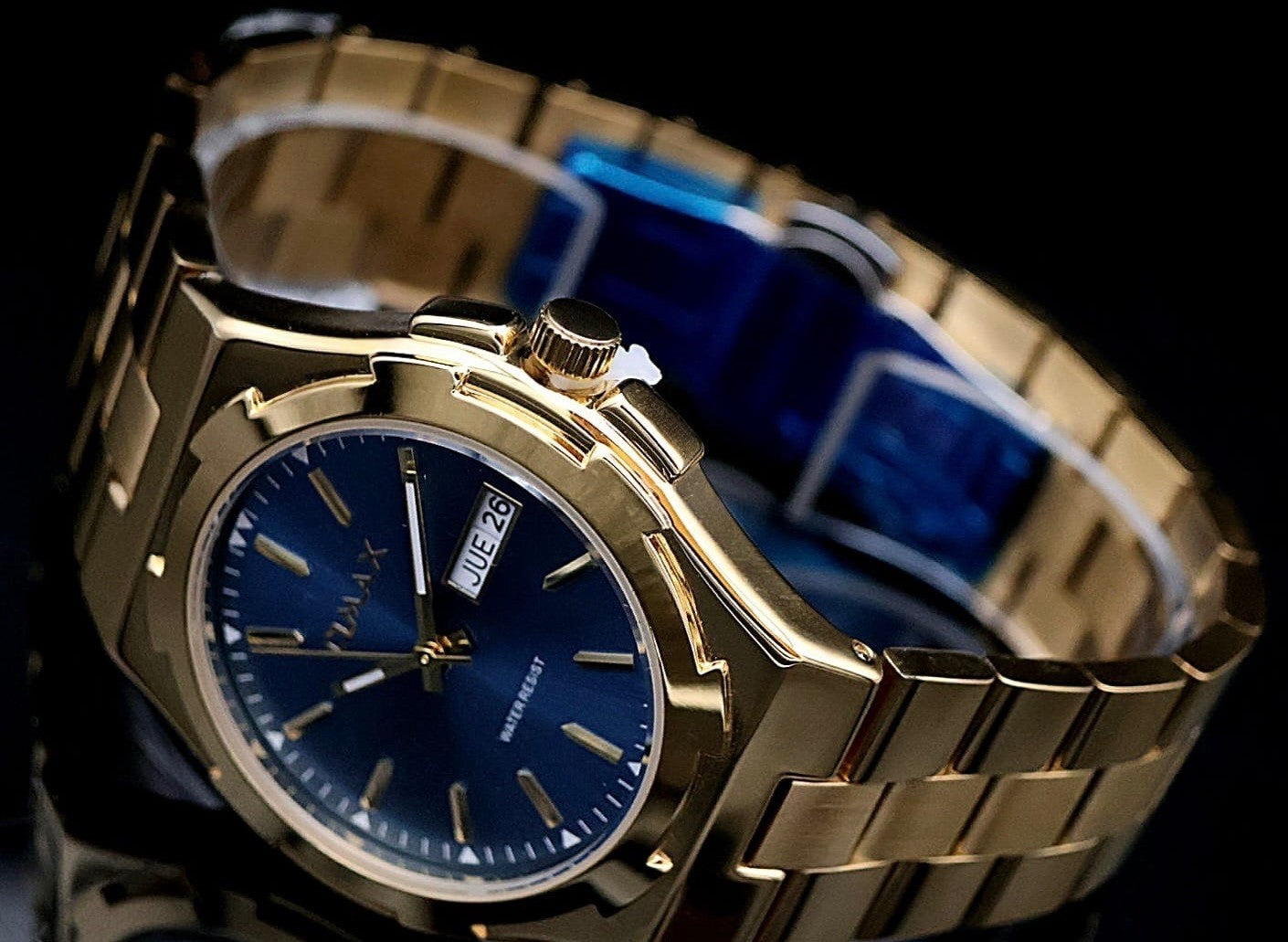 Omax Herren Armband Uhr Datum Herrenuhr IP Veredelt Gold Farben NEU mit Box *1