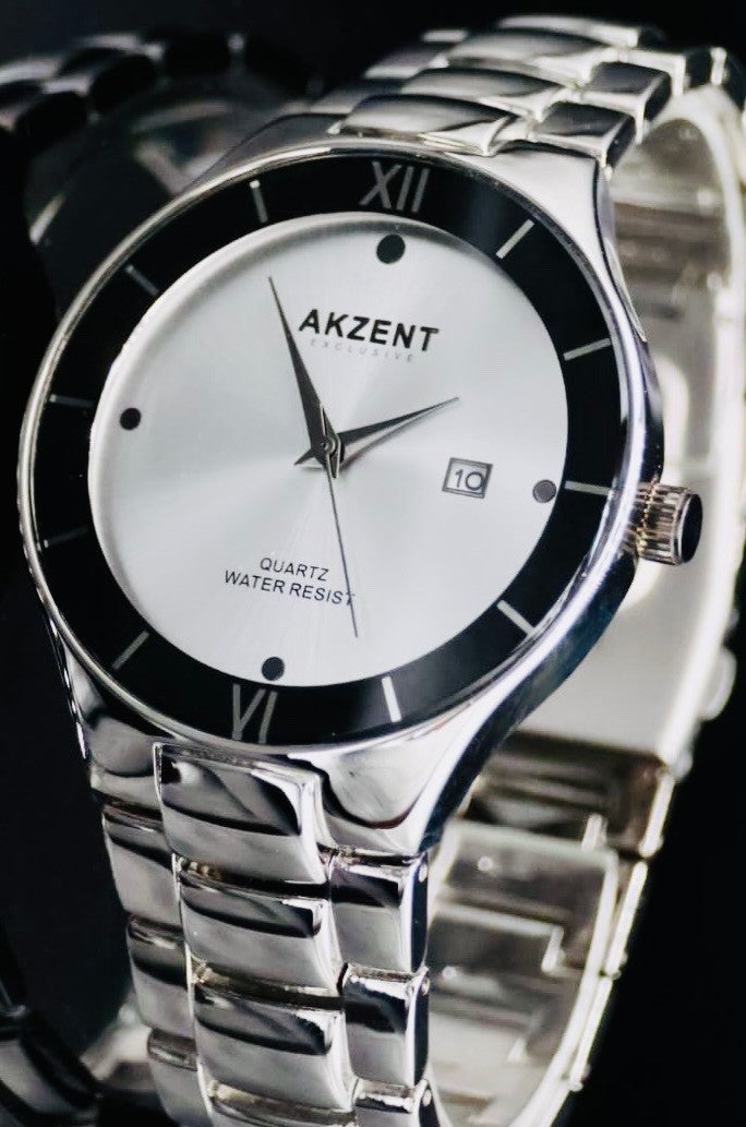 Akzent Exclusive Herren Männer Armband Uhr  im Flachem Design Silber-Look1