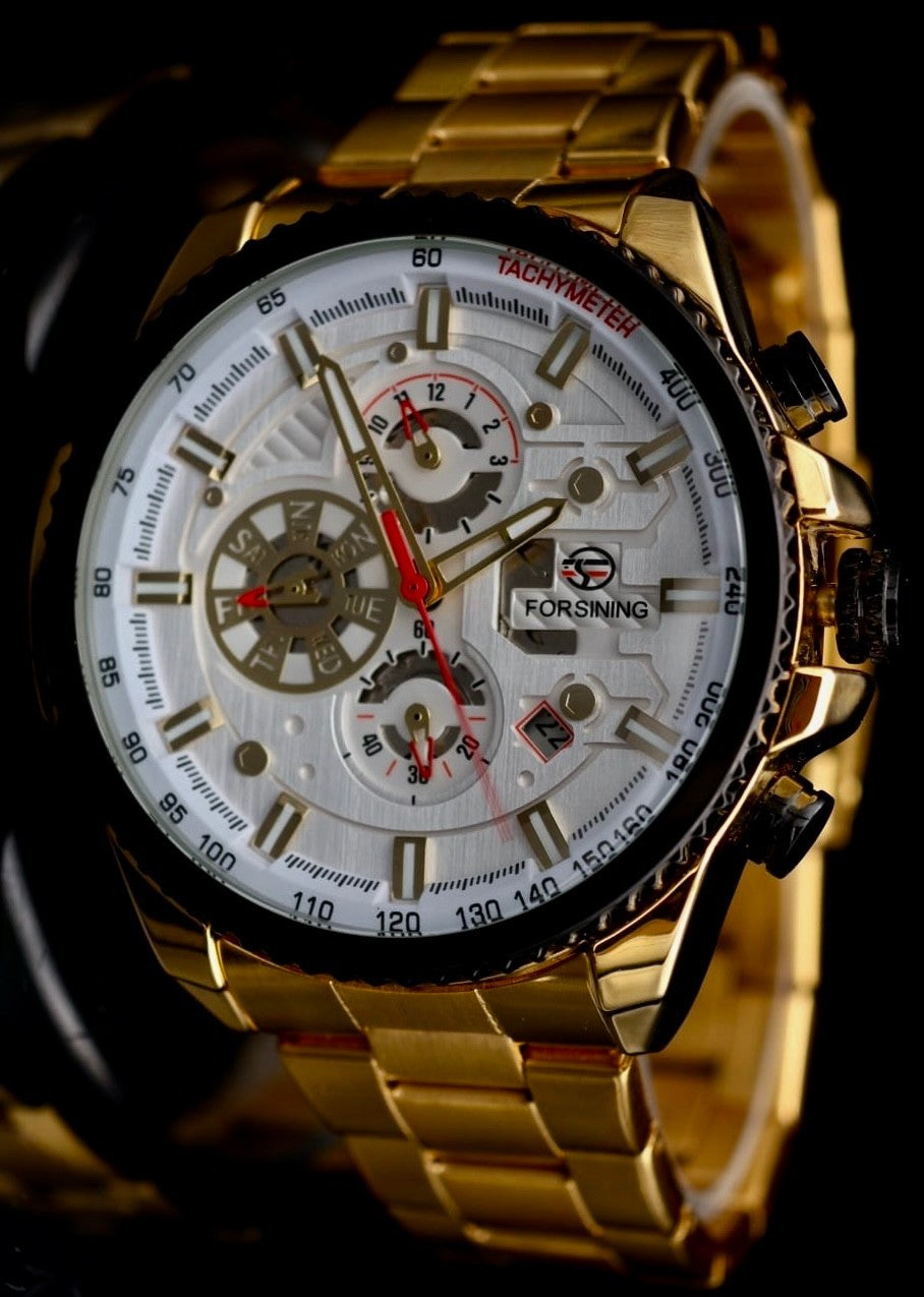 Exklusive Herren Männer Automatik Uhr Weiß Gold Farben Chronographenfunktion NEU0