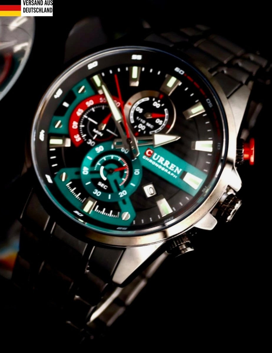 Herren Armband Uhr Edelstahl Chronograph Stoppuhr Datum Schwarz Grün Farben0