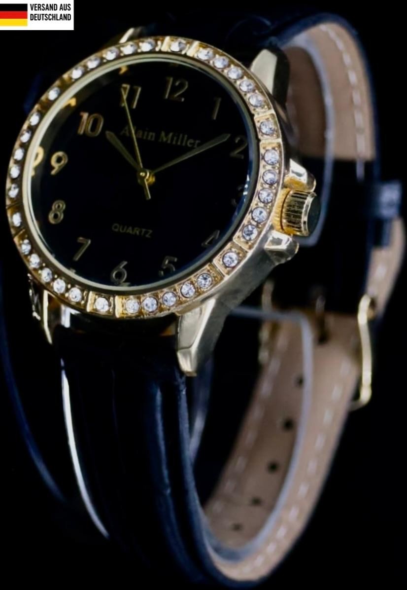 Alain Miller Damen Frauen Armband Uhr Schwarz Gold Farben Damenuhr Crystal 040