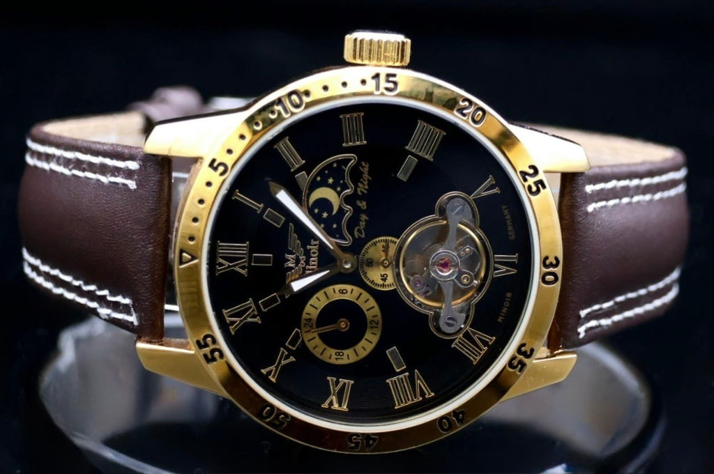 Herren Männer Uhr Automatik Armbanduhr Minoir Herrenuhr mit Lederband  B-WARE*621