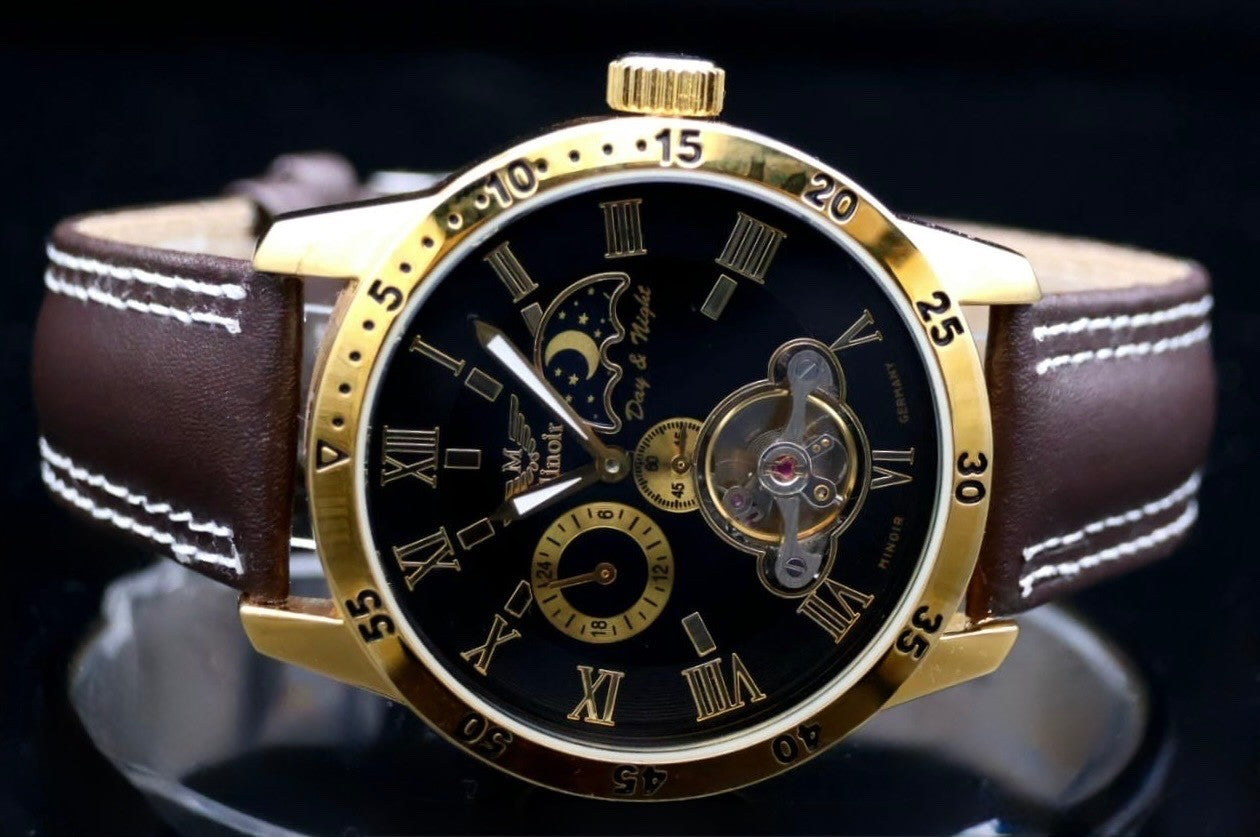 Herren Männer Uhr Automatik Armbanduhr Minoir Herrenuhr mit Lederband  B-WARE*621