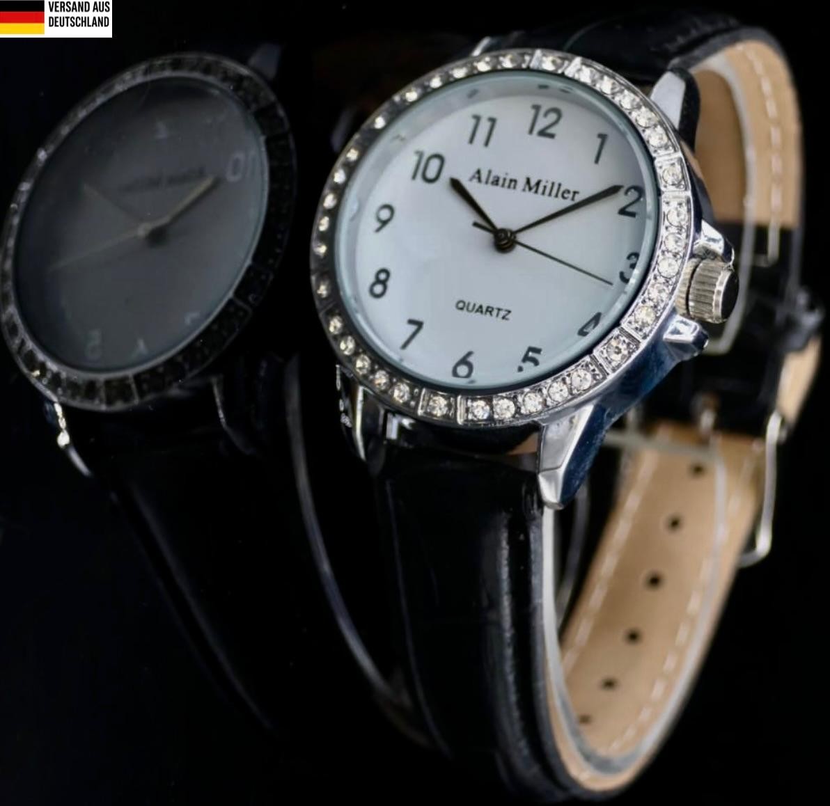 Alain Miller Damen Frauen Armband Uhr Schwarz Silber Farben Damenuhr Crystal 020