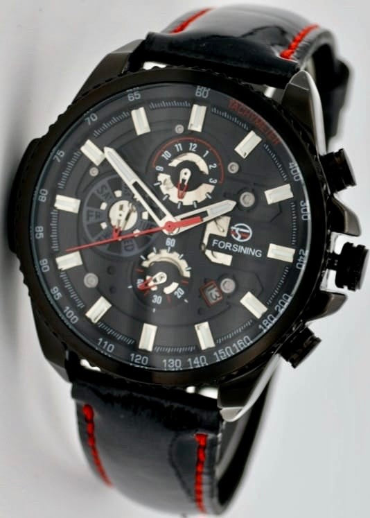 Sportliche Herren Männer Automatik Uhr Rot Schwarz Farben mit Lederarmband NEU *0